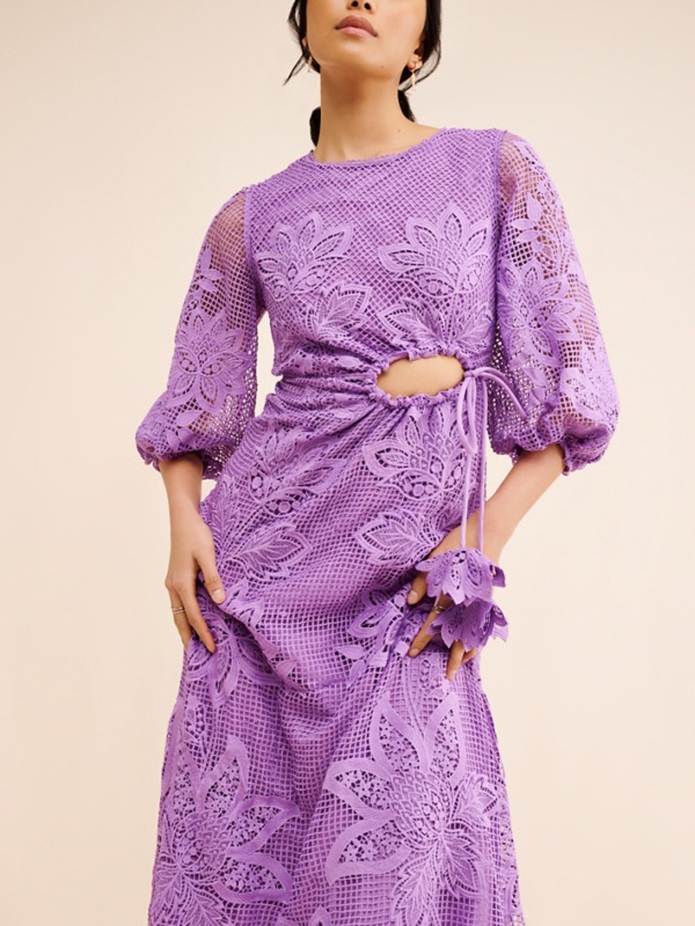 FARM Rio Lavender purple Floral Crochet Maxi Dress with Side Cutout medium m